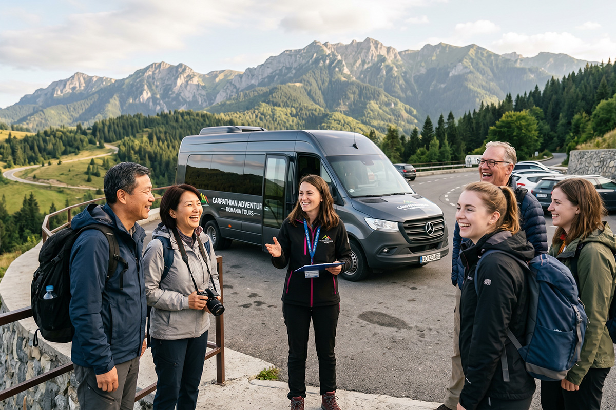 Tourists joining a guided group tour in Romania